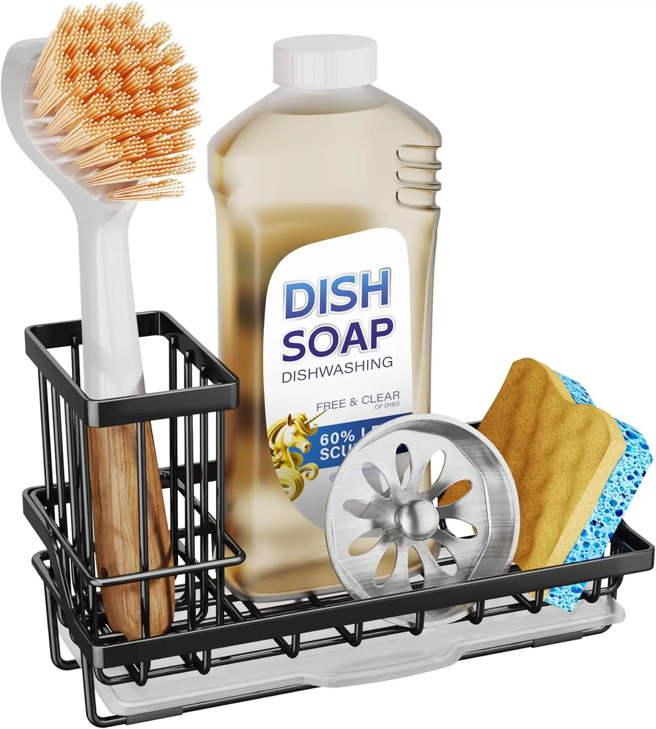 

Kitchen Sink Caddy Sponge Holder with Brush Holder, Stainless Steel, Black