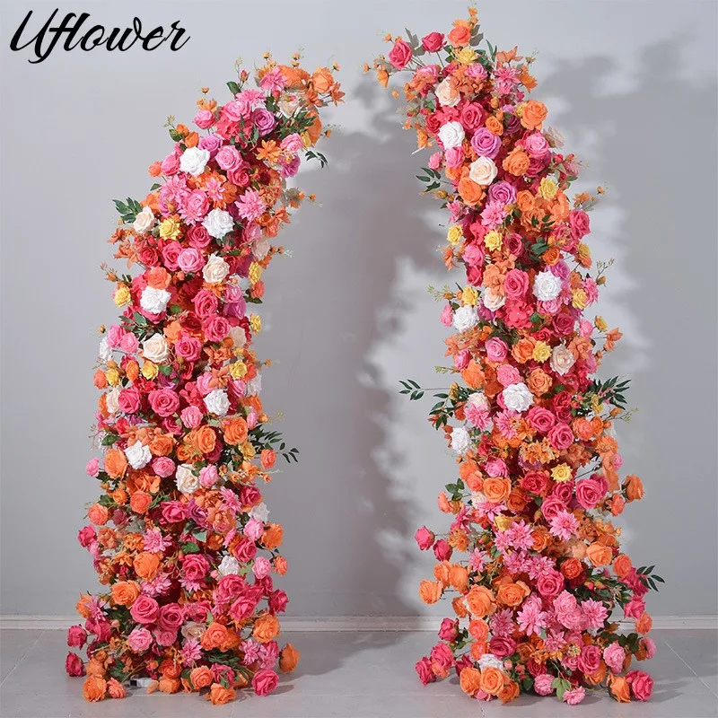 

Uflower Luxury 5D Red Orange Rose Hydrangea Wedding Backdrop Floral Arrangement Flower Row Decor Party Arch Stage Floor Flower