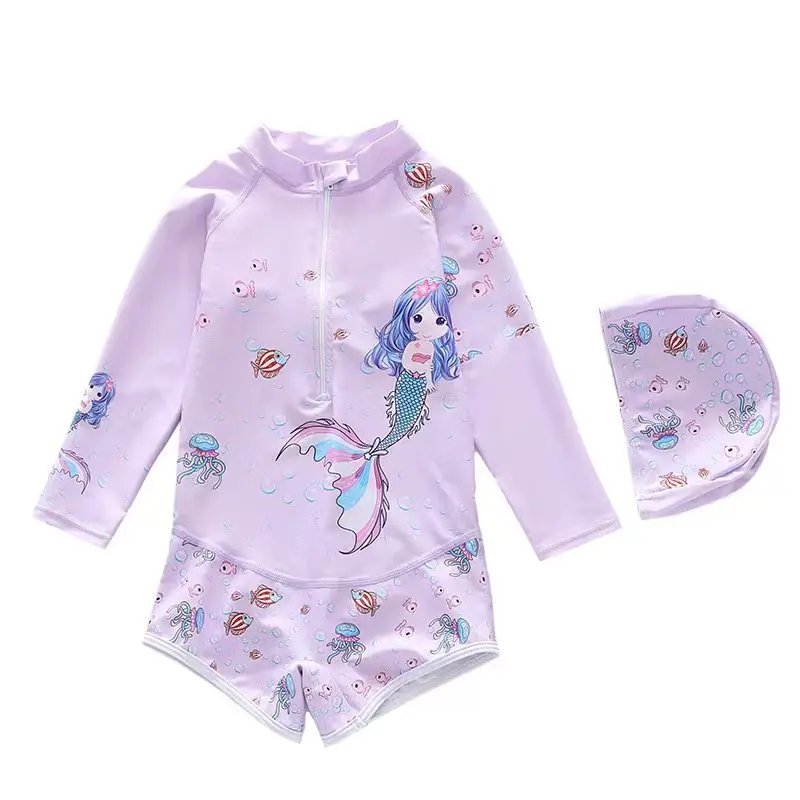 

HappyFlute New One-piece Long Sleeve With Swimming Cap Mermaid Print Sumscreen&Soft Girls Summer Swimsuit