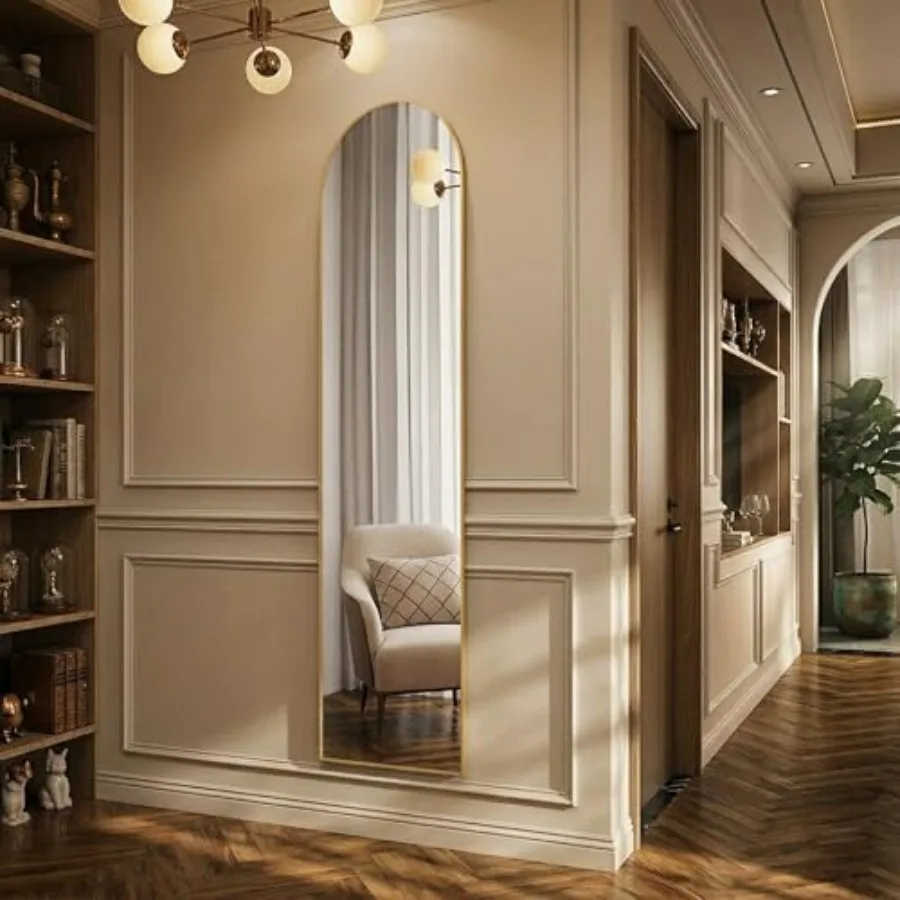 

Арочное напольное зеркало в полный рост 59x16, большое, для стены, двери, спальни, ванной, гостиной, золотое, с современным дизайном и D-образной рамой