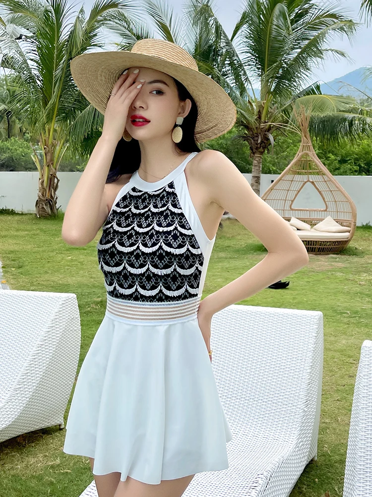 

One-piece swimsuit women cover belly to show thin 2021 new conservative swimsuit Korean ins fairy fan swimsuit