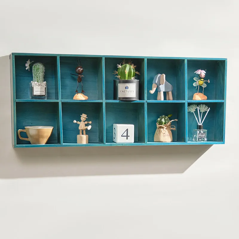 Retro 10‑Grid Wooden Wall Shelf, Wall‑Mounted Cubby Display Rack, Home Decor Storage Cabinet for Small Figurines Ornaments