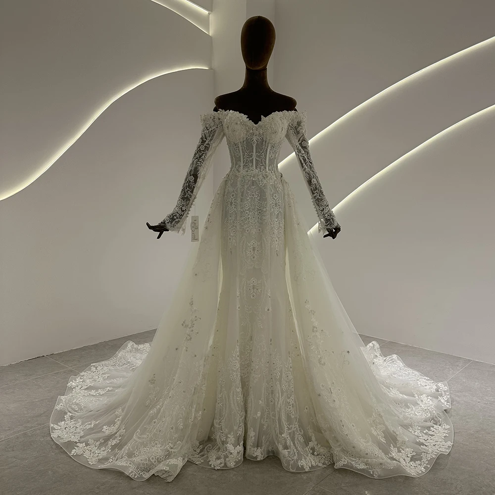 mermaid wedding dress with detachable skirt Mermaid Wedding Dresses With Detachable Skirt Sweetheart Long Sleeves  Beaded With Pearls Wedding Dress fg4119