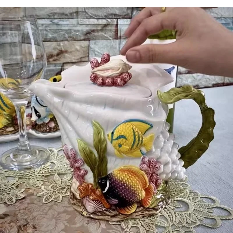 

European hand-painted tropical fish conch ceramic tea set 900ml home coffee pot teapot decoration gift