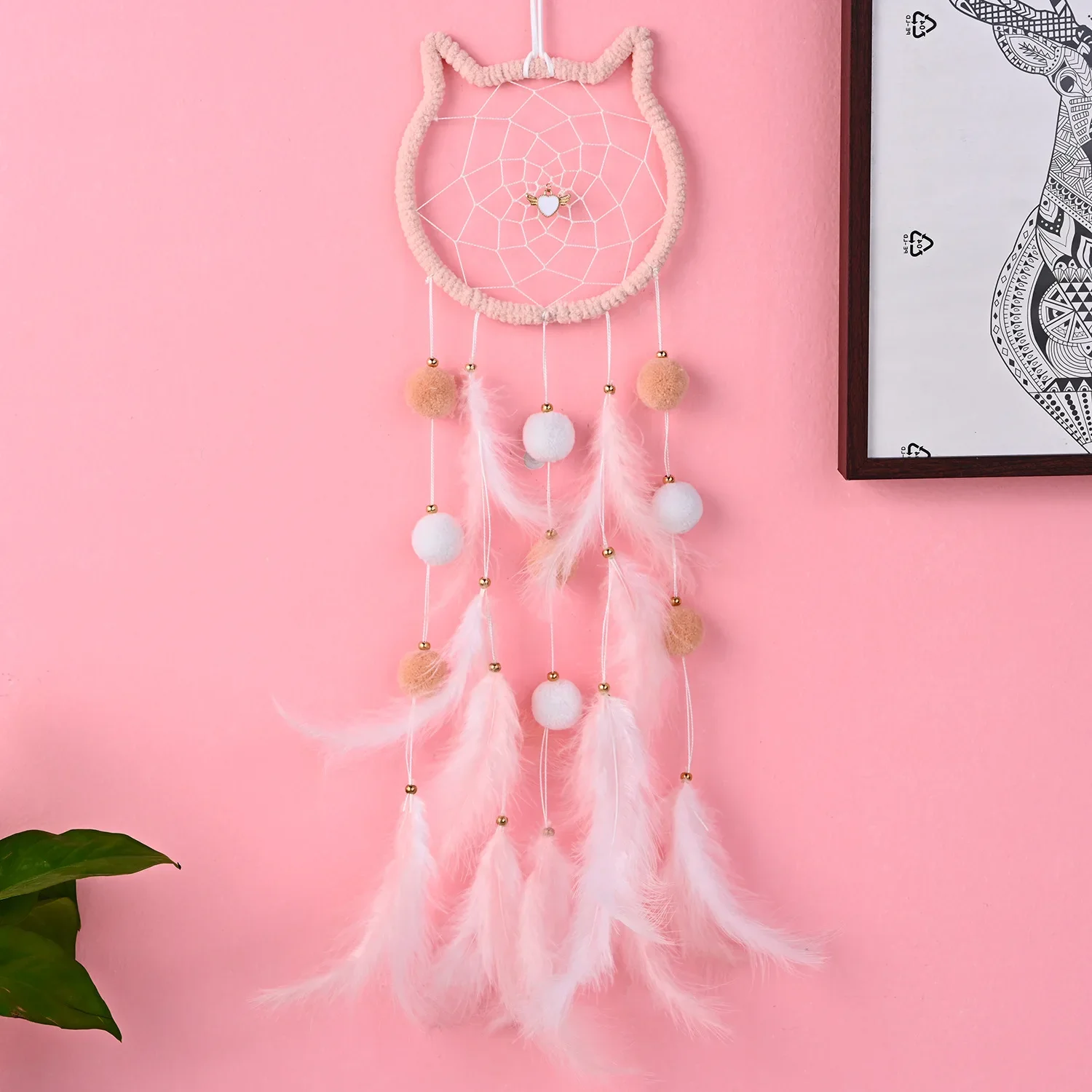 Windchime in pizzo con palla con pompon per ragazze, acchiappasogni per gatti carini con luci, ornamenti fatti a mano con fascia in pizzo, piume, decorazioni per la stanza