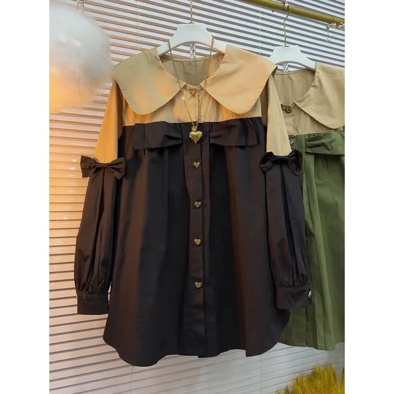 2024 Spring Autumn New Large Women\'s Peter pan Collar Shirt Fashion Casual Loose Long Sleeve Spliced Bow Button All-match Tops