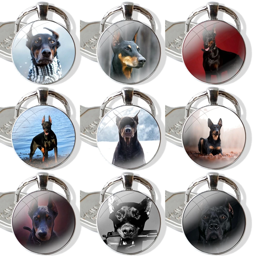 Keychain Handmade Glass Cabochon Key Ring Holder Pendant Key Chains Fashion Creative Design Cartoon Doberman Bulldog Dog