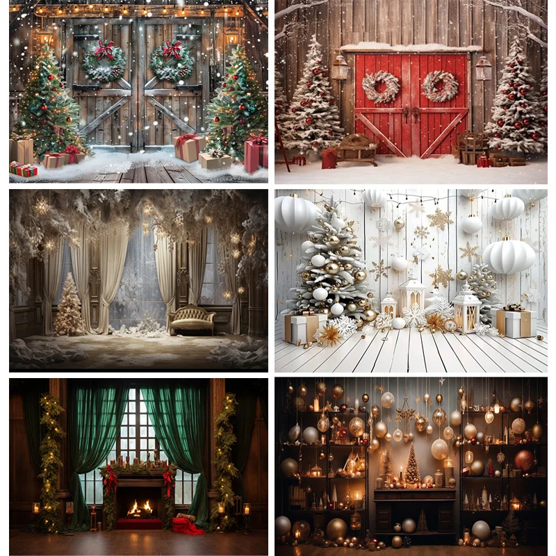 

Christmas Tree With Gift Boxes Photography Backdrops Winter Snow Decorations Wooden Door Fireplace Room Background Props WR-01