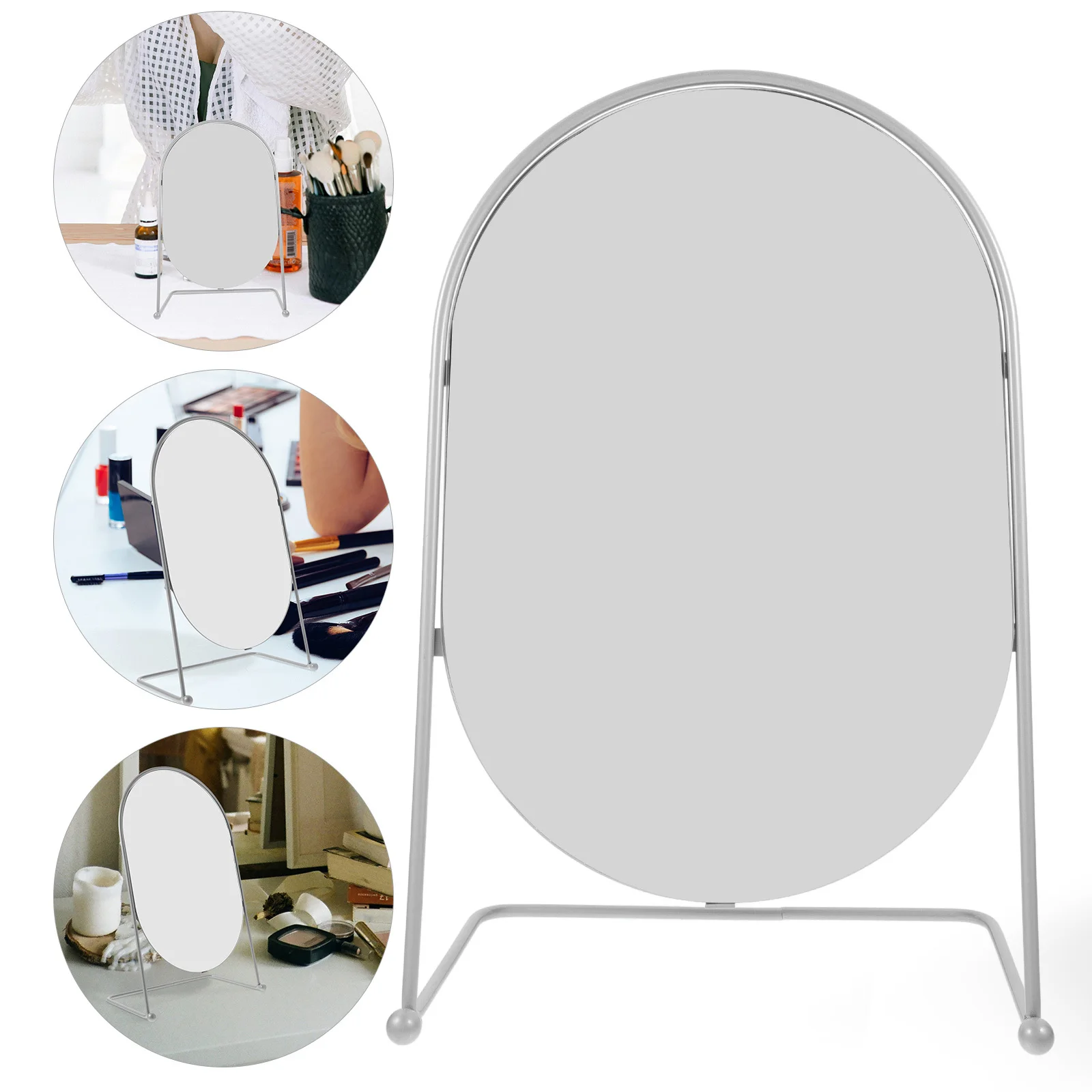 กระจกเงาทรงรีสีเงิน กรอบโลหะแบบตั้งโต๊ะ สำหรับห้องนอน ห้องนั่งเล่น โต๊ะเครื่องแป้ง