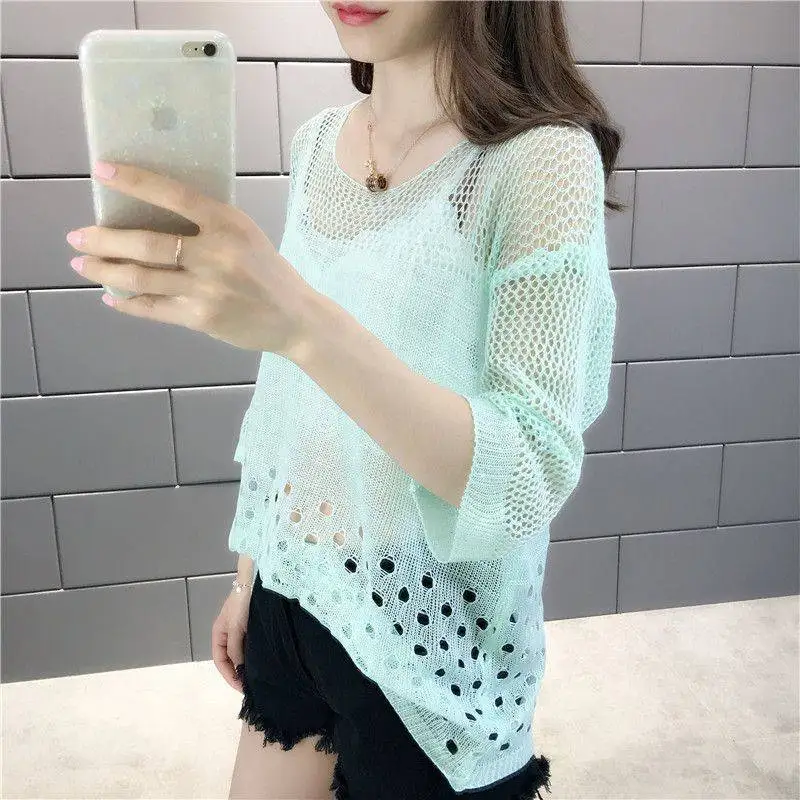 

Fashion O-Neck Solid Color Spliced Hollow Out Blouses Female Clothing Summer New Loose Knitted Casual Tops Korean Shirts