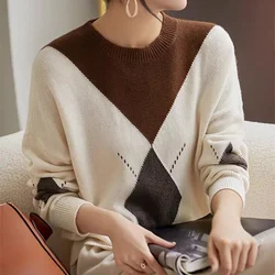 Autumn Winter Fashion Chic Plaid Pullovers Women Clothing Vintage Simple O-neck Loose Knitted Tops