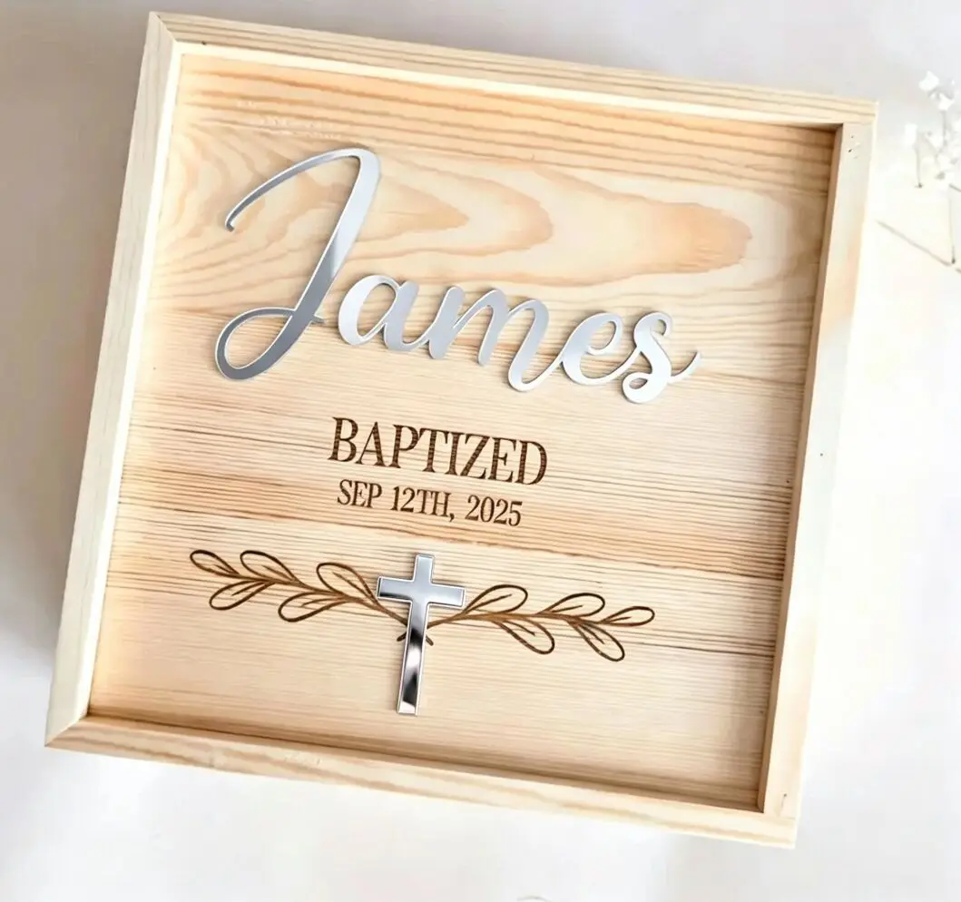 Personalized Baptism Wooden Keepsake Box, Custom Name & Date Engraved Storage Box with Mirror Acrylic Cross, Religious Sacrament