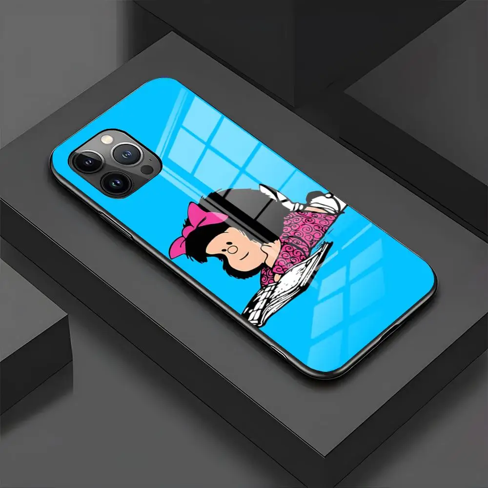 MINISO-Hot M-Mafalda Girl Phone Case For IPhone 15 Pro 16 15 14 13 12 11 Mini X XS XR Max 6 8 Plus SE 2024 Glass Design Cove