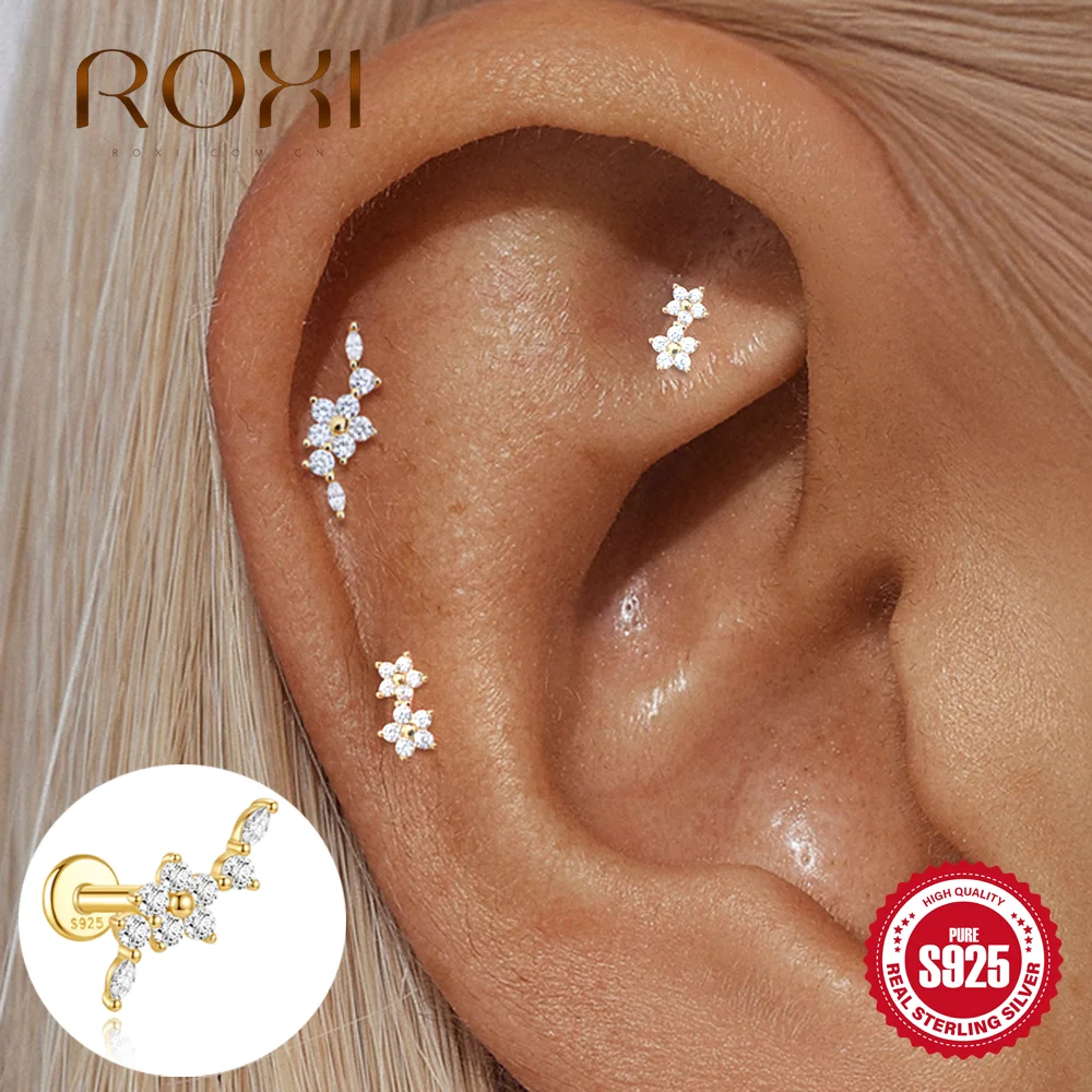 ROXI  1Pc 925 Sterling Silver Five-Petal Flower CA Zircon Women's 18K Gold Plated Cartilage Helix Flat Back Piercing Earrings