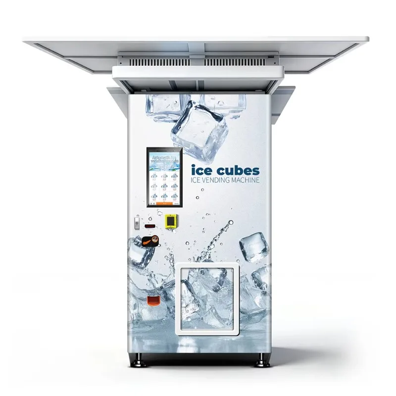 Automatic ice packaging sales system 24 hours unattended bagged ice vending kiosk outdoor awning automatic bagging