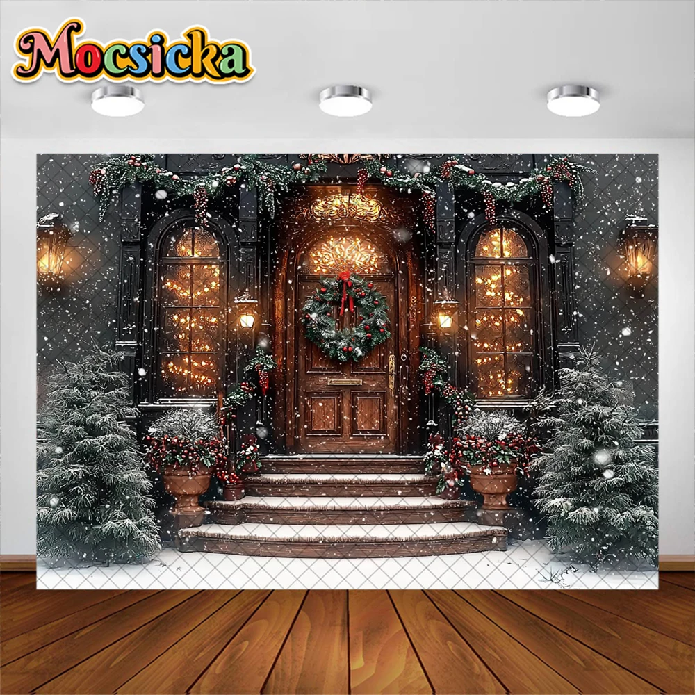 พื้นหลังประตูไม้สำหรับถ่ายภาพเทศกาลคริสต์มาสฤดูหนาวอุปกรณ์ตกแต่งพวงมาลัยของขวัญวันคริสต์มาสฉากหลังถ่ายภาพบุคคลสาว