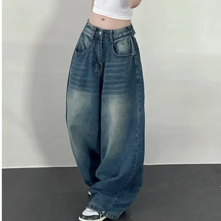 High Waist Wide Leg Loose Fit Jeans Side Pleat Hidden Button Long Length Casual Style Cotton Denim Adult Women's Trousers
