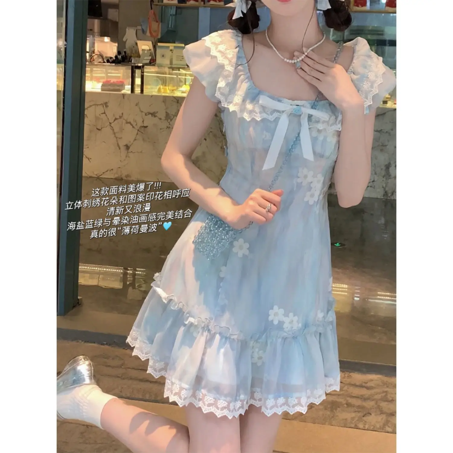 Japan Summer Sweet Kawaii Blue Plaid Dress Woman Lolita Lace Y2k Mini Dress Short Long Party Elegant One Piece Dress Fashion