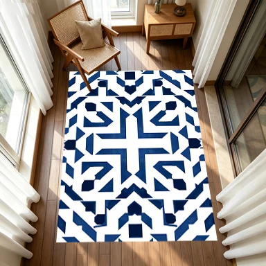 Blue and White Moroccan Geometric Tile Carpet with Islamic Arabic Mosaic Pattern, Non-Slip Floor Carpet Suitable for Entryway and Living Room