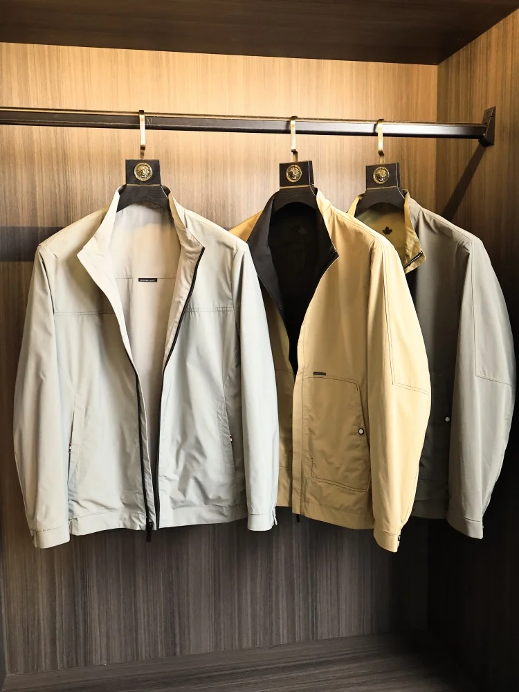 Smooth Anti-Wrinkle Stand Collar Casual Jacket for Men Double-Sided Wear Fashionable Urban Style Polyester Nylon Fabric