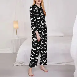 Gothic Print Pajamas Womens Halloween White Bats Retro Bedroom Nightwear Autumn Two Piece Casual Oversized Custom Home Suit