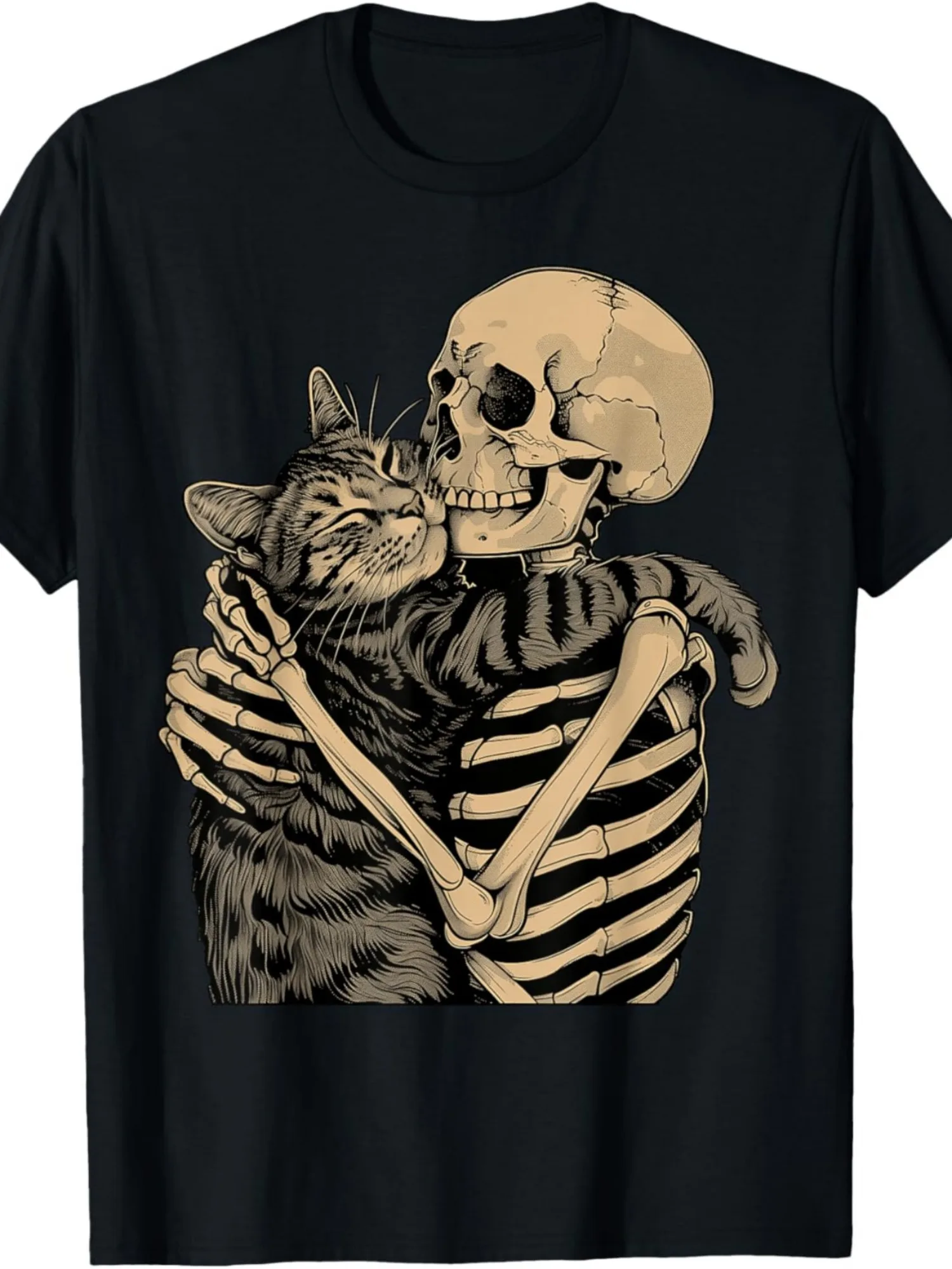

Skeleton Hugging Cat Graphic T-Shirt Casual Printed Top with Slight Stretch Perfect for Cat Lovers Ideal for Halloween Christmas