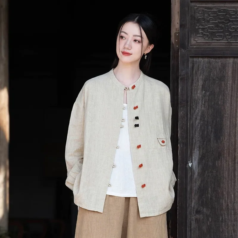 

Women Ramie Chinese Style Shirts And Tops Button Long Sleeve Autumn Blouses Patchwork Vintage Stand 2024 Shirts