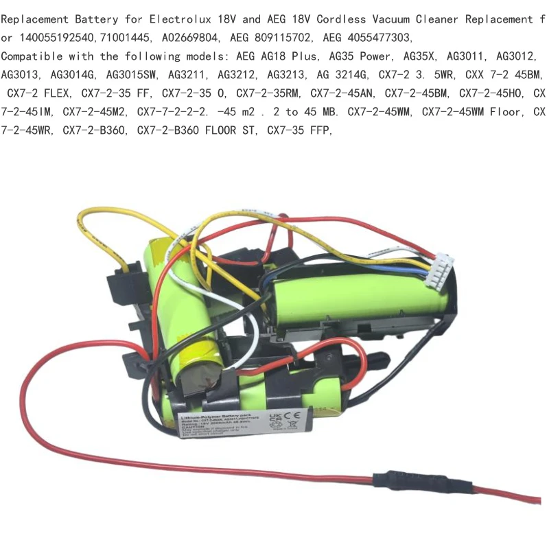 18V 2600mAh Rechargeable Lithium Battery for AEG CX7-2-45AN AG3011 VBHC7787E 140055192540 Electrolux CX7 Series Vacuum Battery