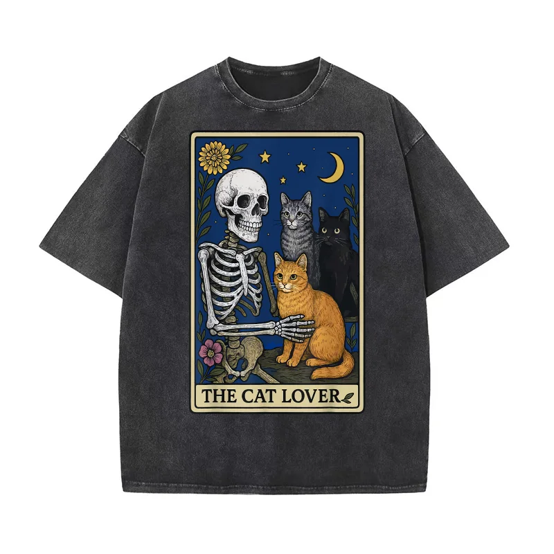 

The Cat Lover Tarot Card Pure Cotton T-shirt Oversized Art Graphic Clothing Printed Skeleton Skull Flower T Shirts Men