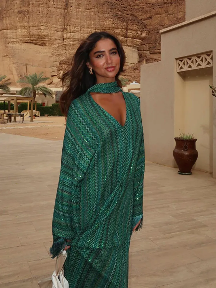 Boho Tassel Striped Women's Long Dress One-shoulder Scarf Collar Asymmetrical Robe 2025 Summer Fringed Integrated Loose Dresses