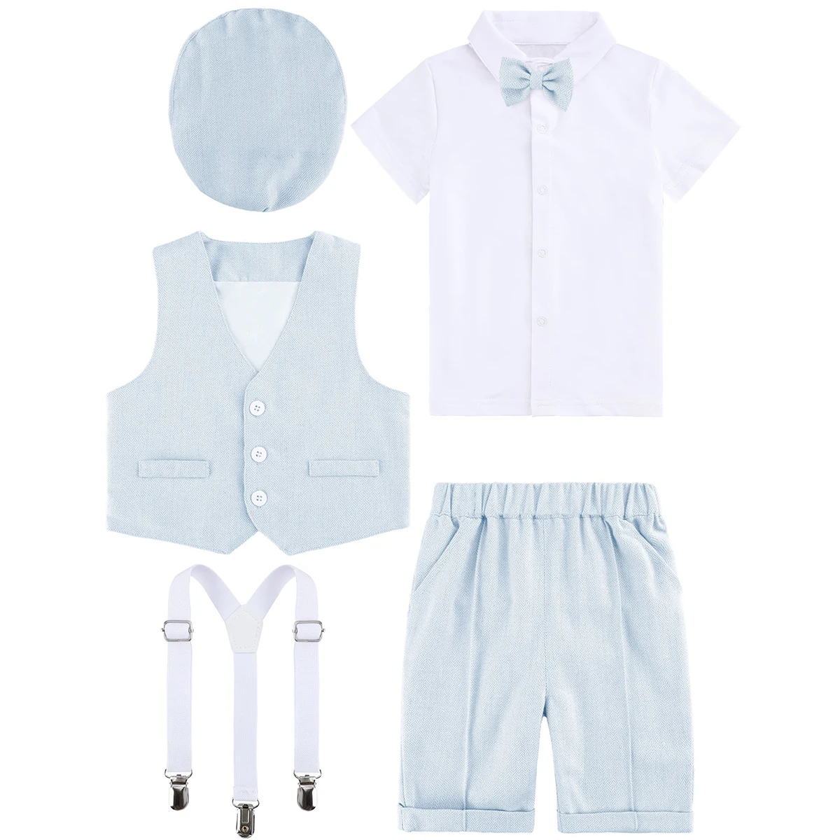 Toddler Boys Wedding Suit Baptism Ring Bearer Outfit Baby Christening Birthday Party Gift Costume Short Overall Sets 4PCS