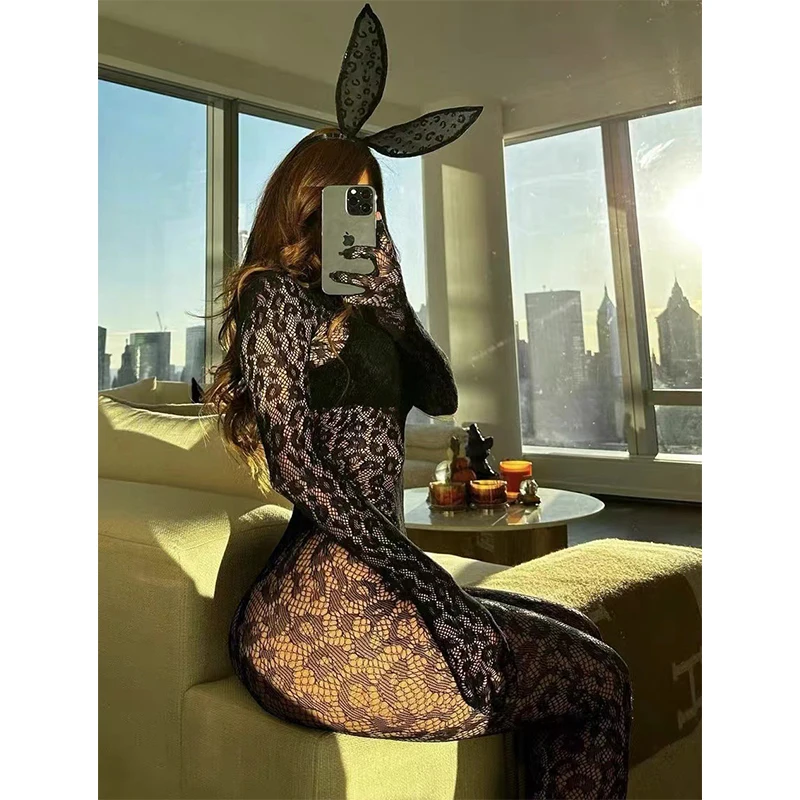 Erotic Sexy Body Stockings For Cat Ladies Long Sleeve Bodysuit With Gloves Role Play Pantyhose Leopard Print Lingerie Sleepwear