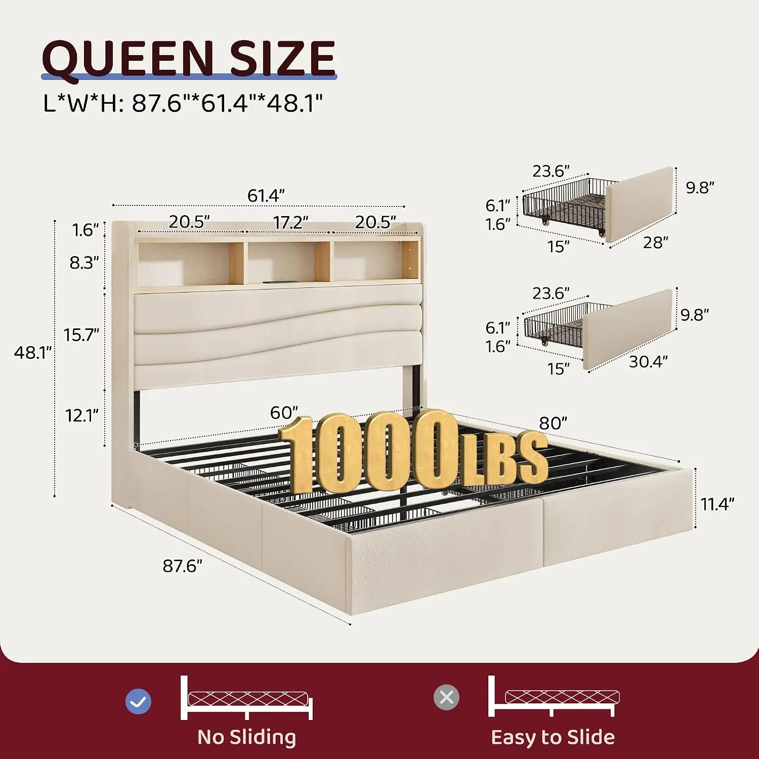Queen Bed Frame 6 Drawers Wave Headboard Linen Upholstered Charging Station No Box Spring Easy Assembly, Customized