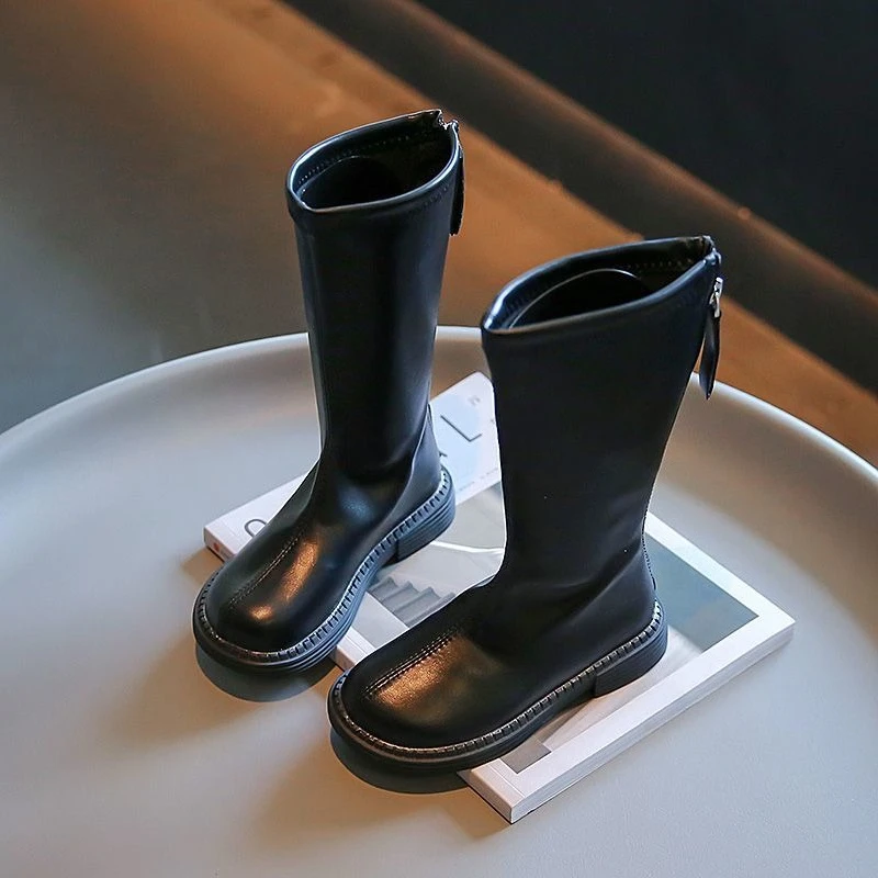 

2026 Autumn and Winter Warm Girls British Style Boots Fashionable Mid Calf Children's Leather Boots