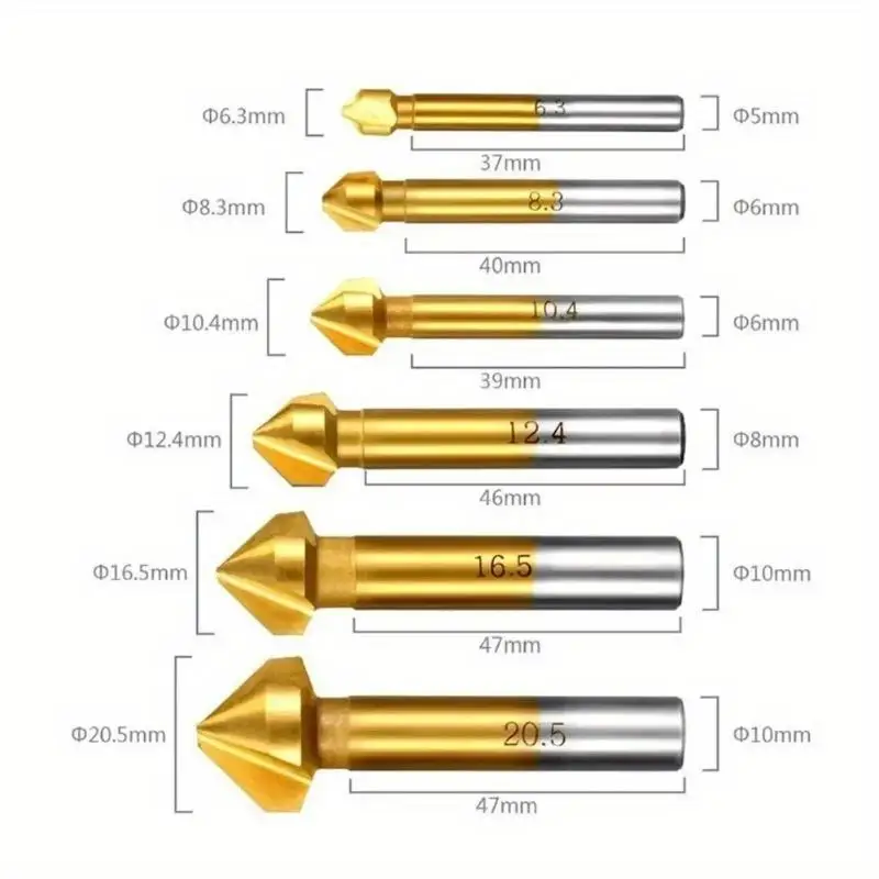 6Pcs Set 90 Degree 3 Flute Chamfering End Mill Tool Titanium Coated High Speed Steel Deburring Drill Bit for Metal Wood