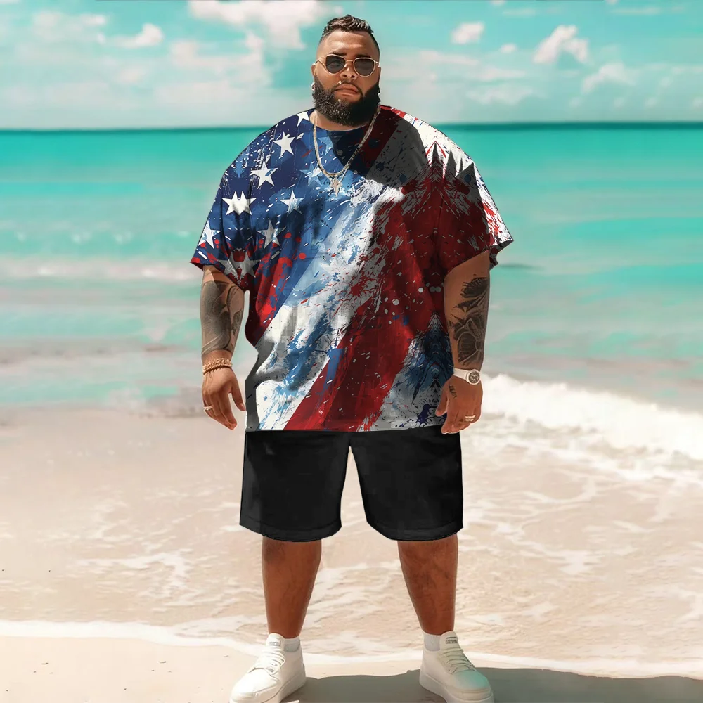 

S-9xl plus size Big & Tall Short Sleeve Set (Flag Element): - Durable Lightweight Material, Stylish Flag Print Details,