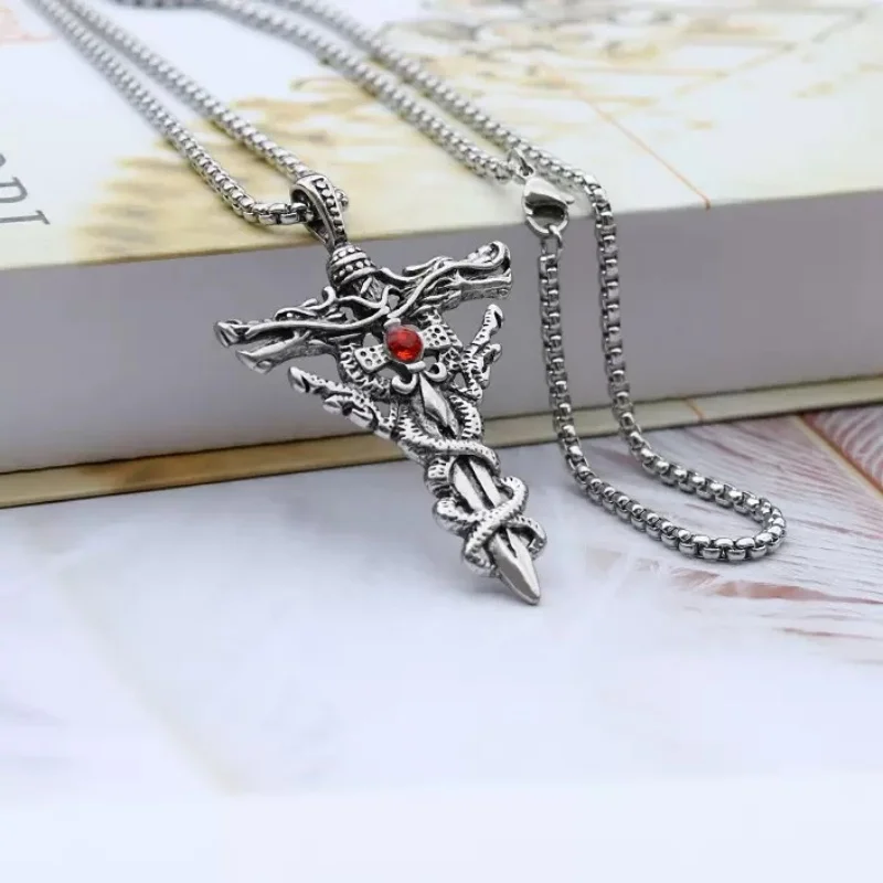 Punk Fashion Titanium Steel Necklace for Men Alloy Double Dragon Sword Pendant Choker Ring Vintage Evil Eye Cross Jewelry Gift image 6