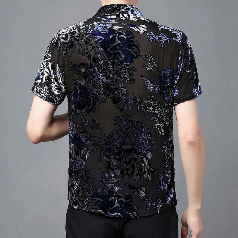 Sexy Hollow Flowers Clothes Men Summer See Through Silk Velvet Shirt Single Breasted Transparent Tops Floral Dress Shirts