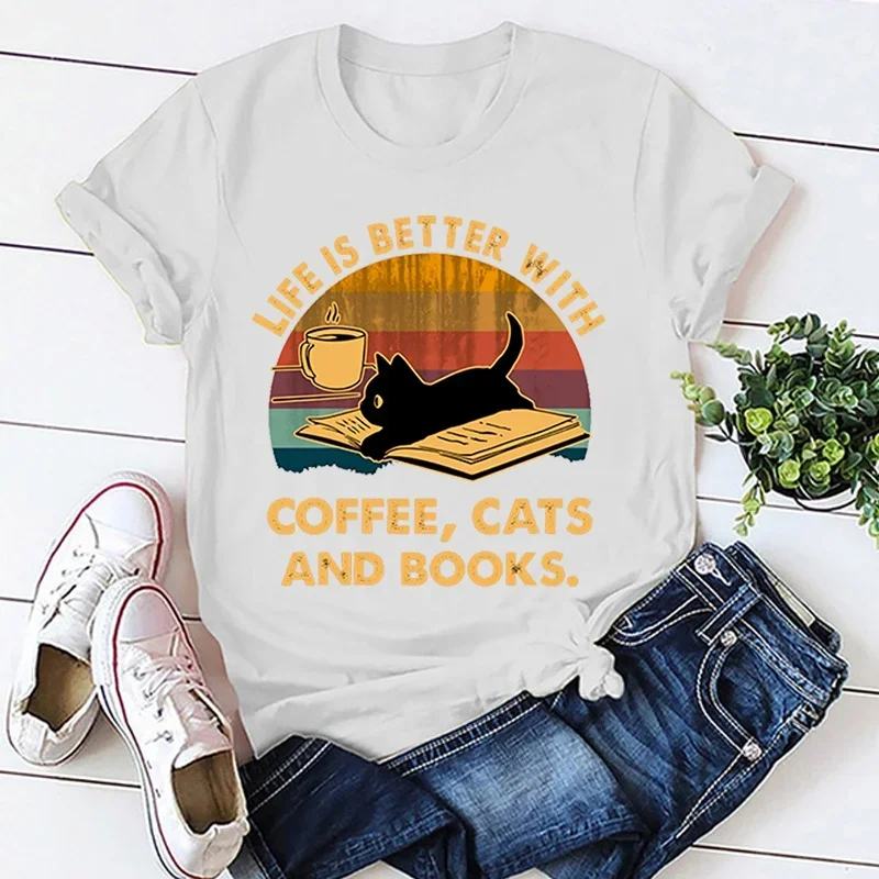 Hot Life Is Better with Coffee Cats and Books Print T-Shirt Short Sleeve Harajuku Casual Tops Women T-Shirt Women Clothing Y2K