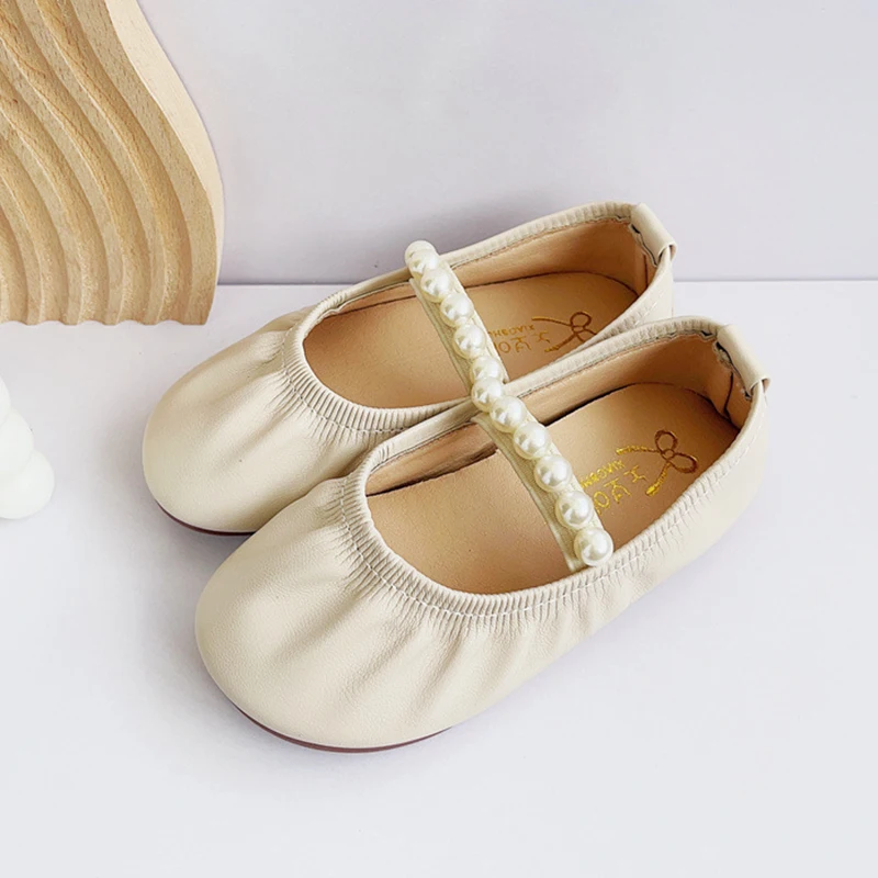 Children's PU Leather Princess Shoes Girls Soft Sole Pearl Single Flat Shoes Fashion Baby Kids Wedding Shoes