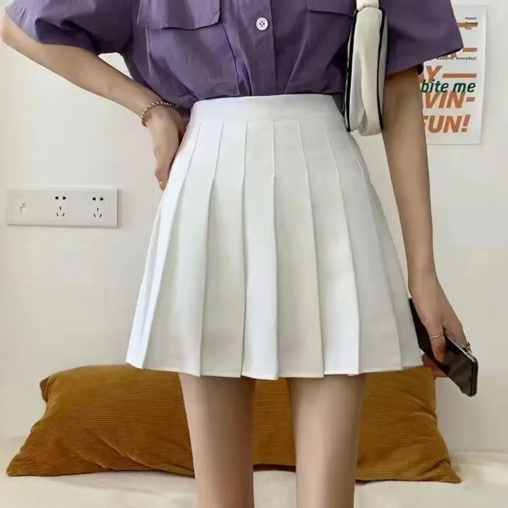 Neuer Preppy-Stil Plissierter Rock Einfarbig Übergröße Hochtaillierter Rock Minirock Schulmädchen – Detail 9