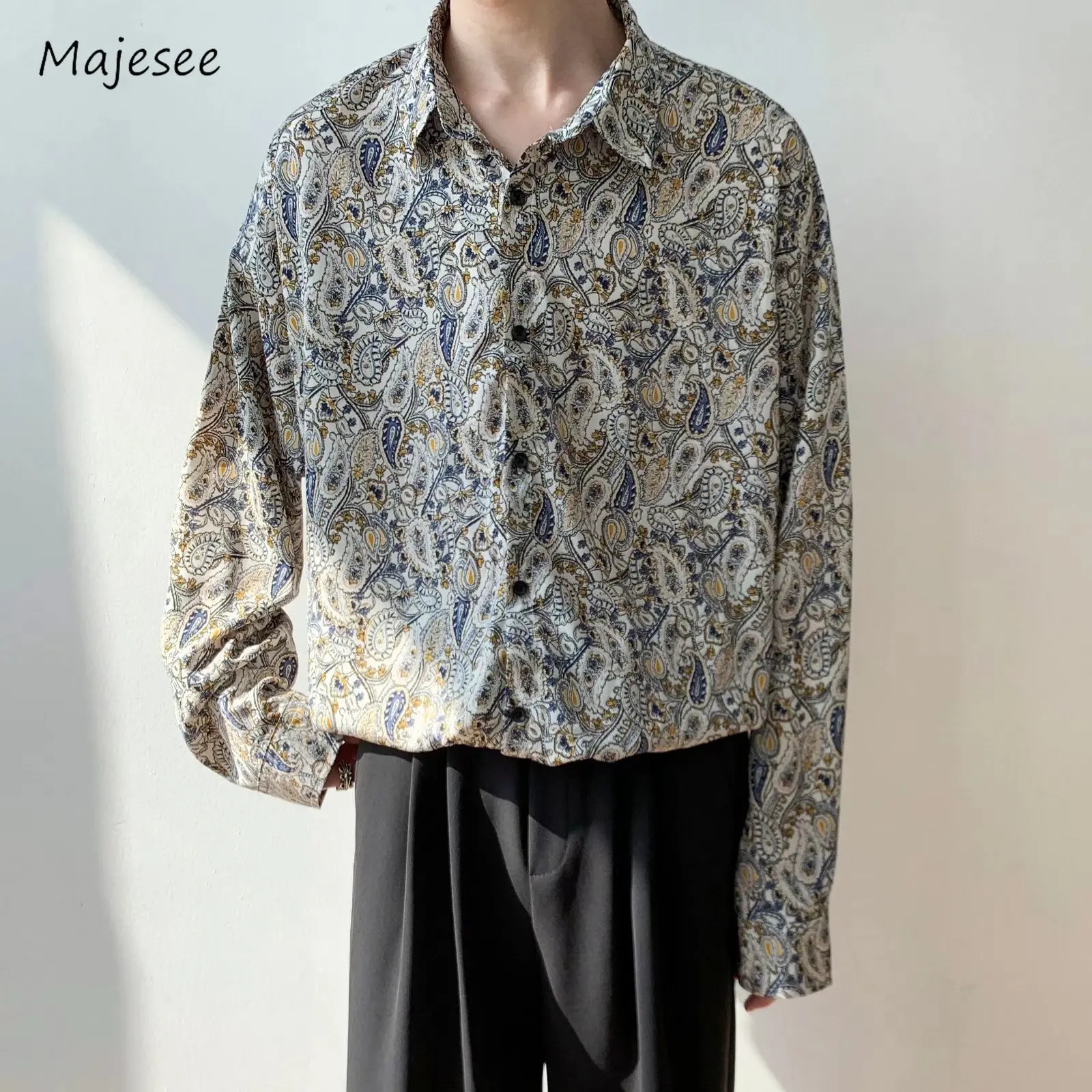 

Vintage Shirts Men Printed Hong Kong Style Temperament Nostalgic Lounge Wear Cozy Long Sleeved Handsome Outer Tops Daily Ins