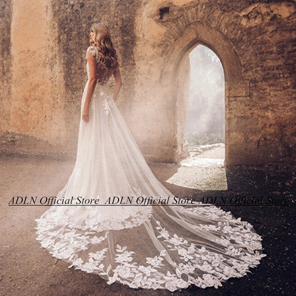 ADLN Vestido De Noiva Wedding Dress Cap Sleeve V Neck Applqiue Illusion Back Buttons Court Train Mermaid Bridal Gown for Women