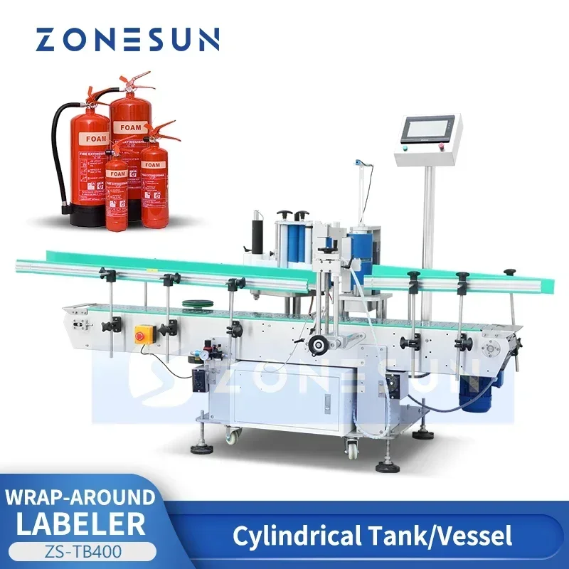 ZONESUN Wrap Around Labeler for Extinguisher Big Cylindrical Containers Commercial Labeling Machine Solution ZS-TB400