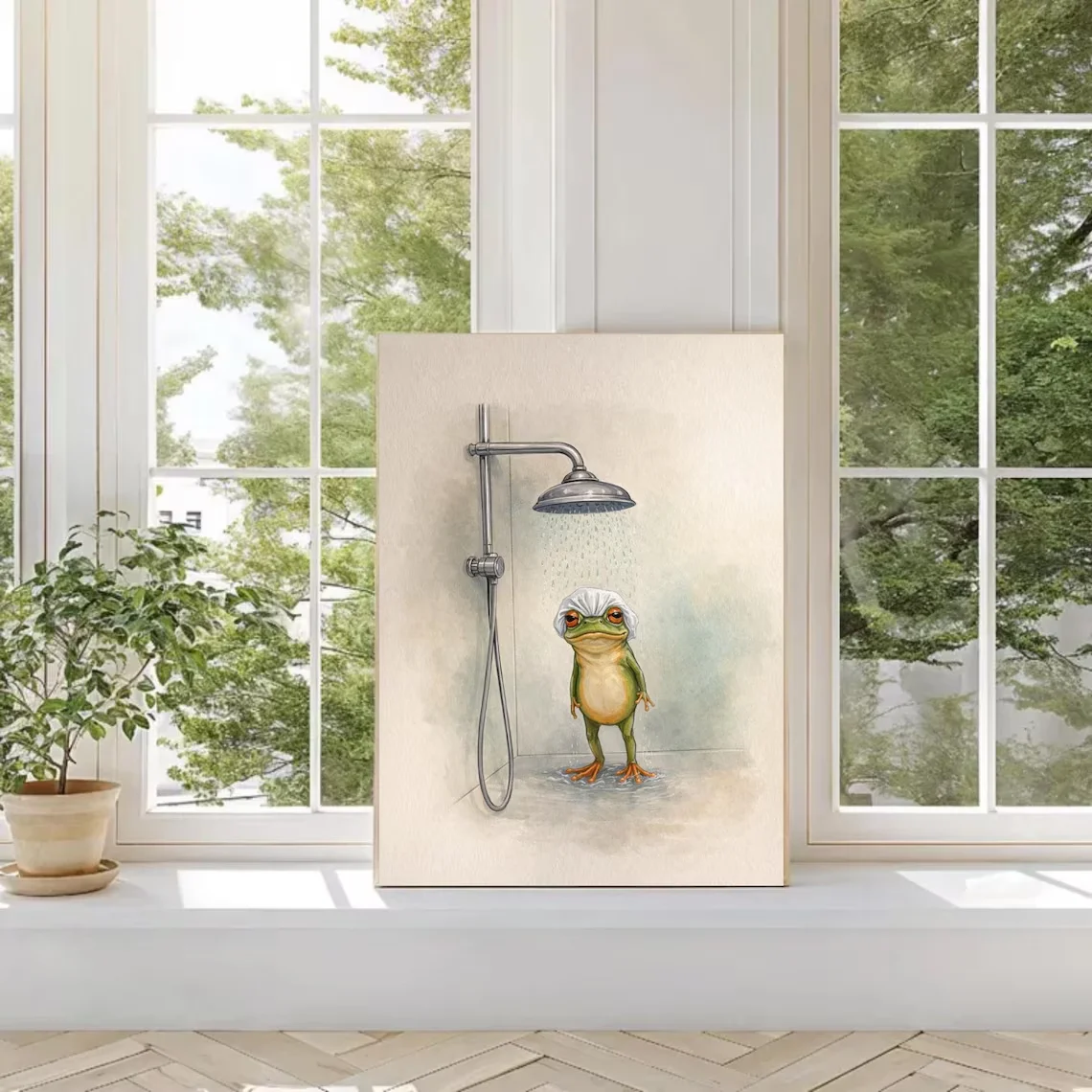 Funny Shower Frog Bathroom Wall Art - Gentle Whimsical Watercolor Print Celebrating Lighthearted Bath Time Charm