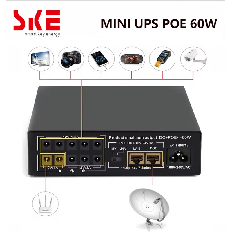 SKE Mini DC UPS POE 60W Portable Battery Backup Uninterrupted Power Supply UPS Output DC 9V 12V POE 15V/24V 8*2200mah Battery