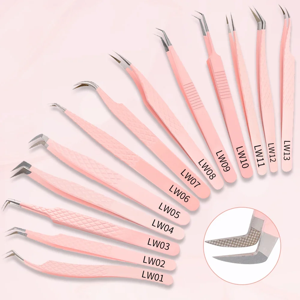 Wendy 1 Pcs Eyelash Tweezers Extension Pink Stainless Steel Superhard Tweezers With Fiber Tips High Precision Anti-Static Tweez