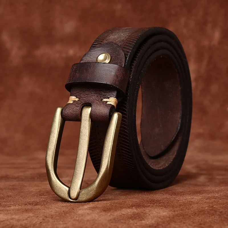 3.8CM Men High Quality Genuine Leather Belt Needle Buckle Casual Copper Buckle Belts Matte Pure Cowskin Male Jeans for Man