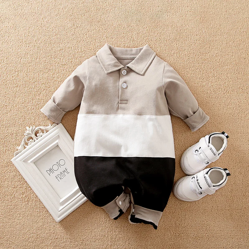 Newborn Clothing Casual Color Blocking Polo Shirt Cotton Comfortable And Soft Spring And Autumn Long Sleeved 0-18 Baby Jumpsuit