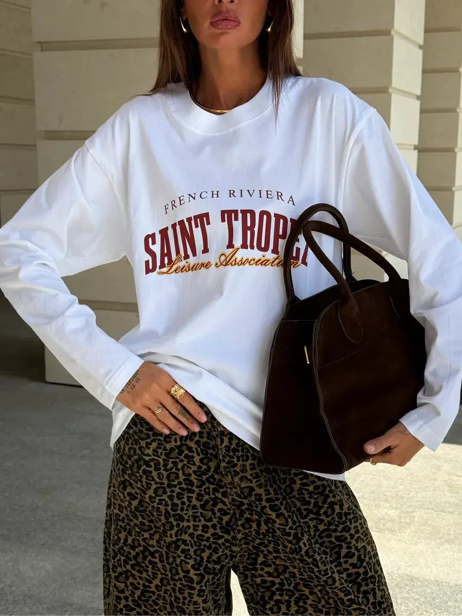 

Французские ретро значки с буквами из чистого хлопка, рубашки с длинными рукавами, белые тонкие толстовки, женские осенние модные свободные элегантные большие размеры